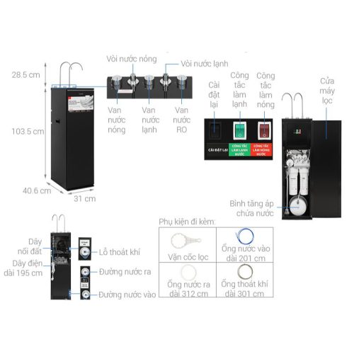 Kích thước Máy lọc nước RO nóng nguội lạnh Hydrogen Toshiba TWP-WA3SVN(K)