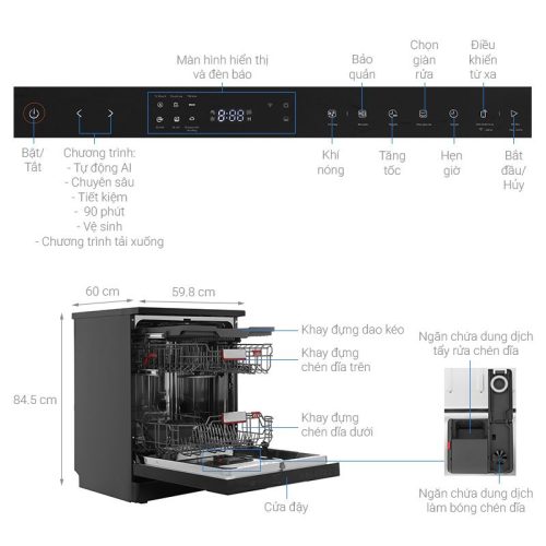 Kích thước Máy rửa chén độc lập Toshiba DW-15F8(B)-VN