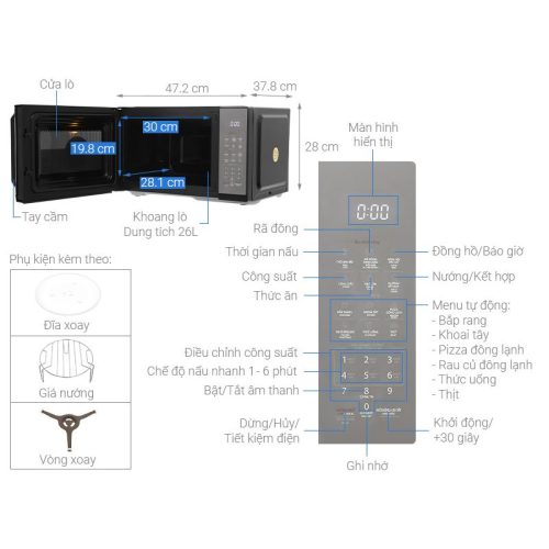 Kích thước Lò vi sóng mặt gương MW3-EG26PE(BM)VN