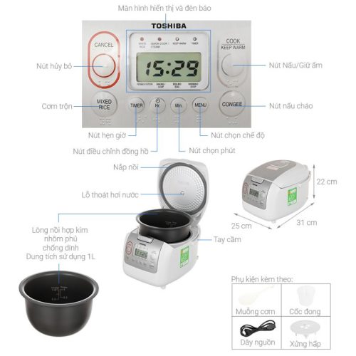 Kích thước Nồi cơm điện tử Toshiba RC-10NMFVN(WT)