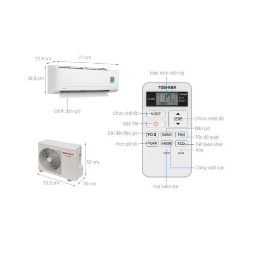 kich thuoc may lanh toshiba inverter 1.5 hp ras h13s5kcv2g v